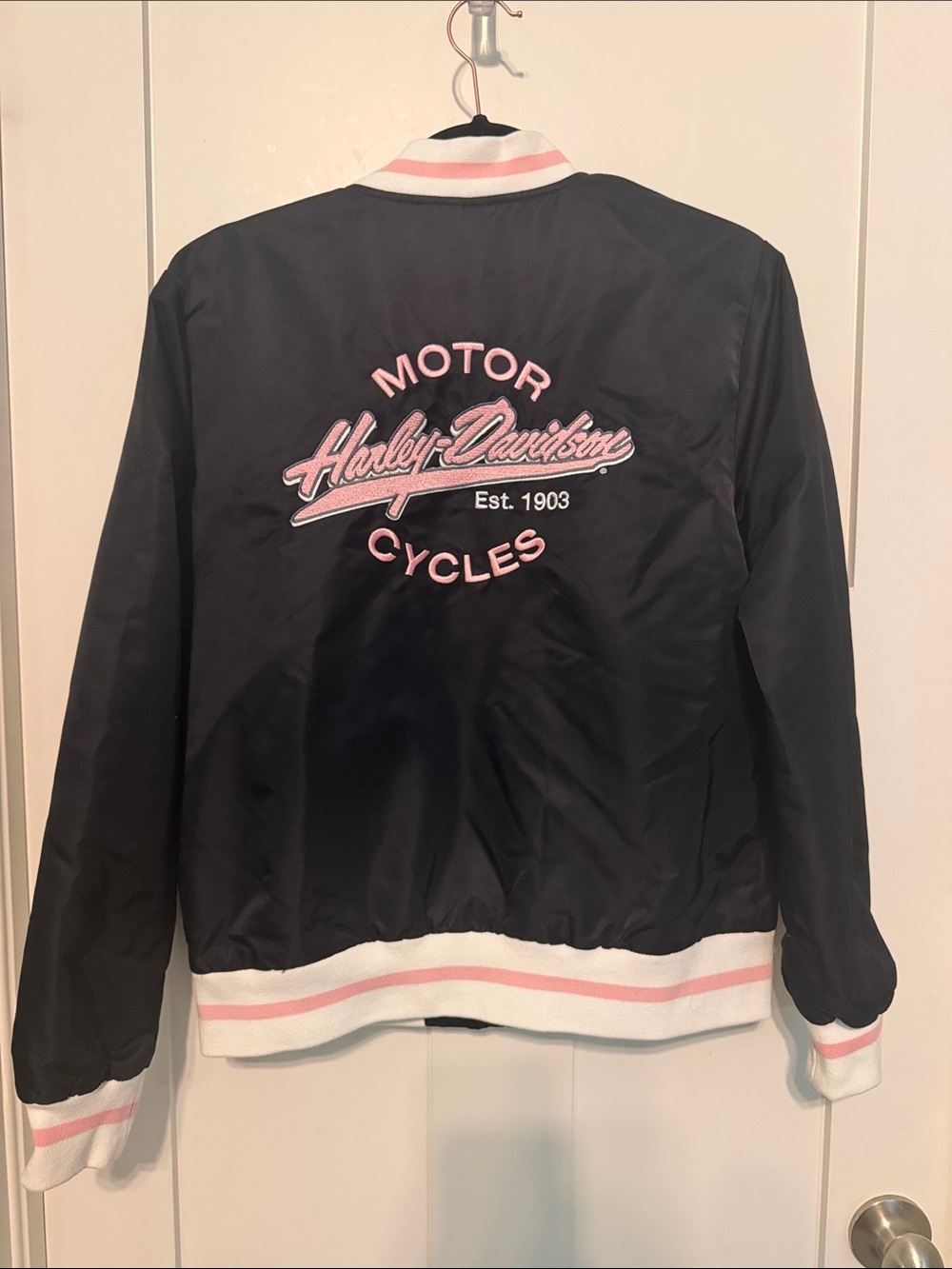 Harley-Davidson Black and Pink Embroidered Varsity Jacket Breast Cancer